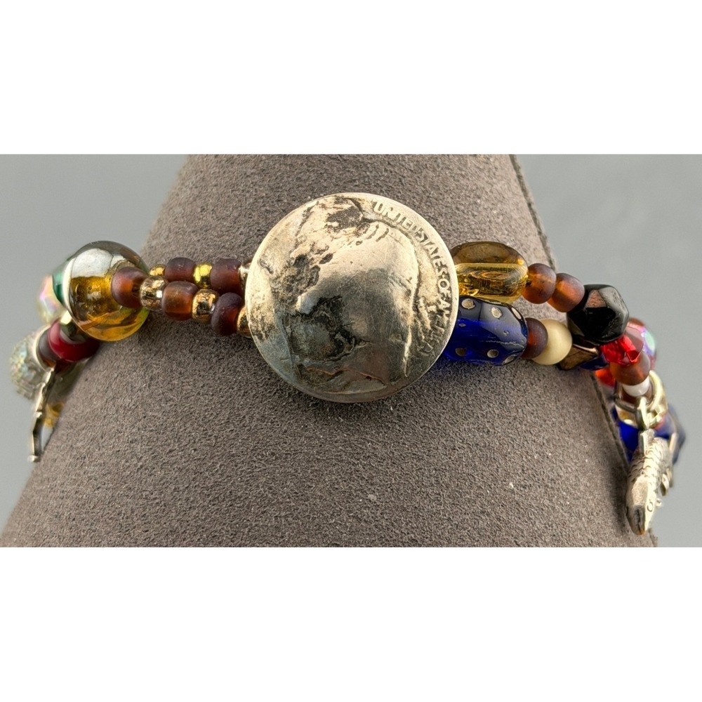 Vintage Southwestern Bracelet Art Glass Beads Sterling Silver Charms Buffalo